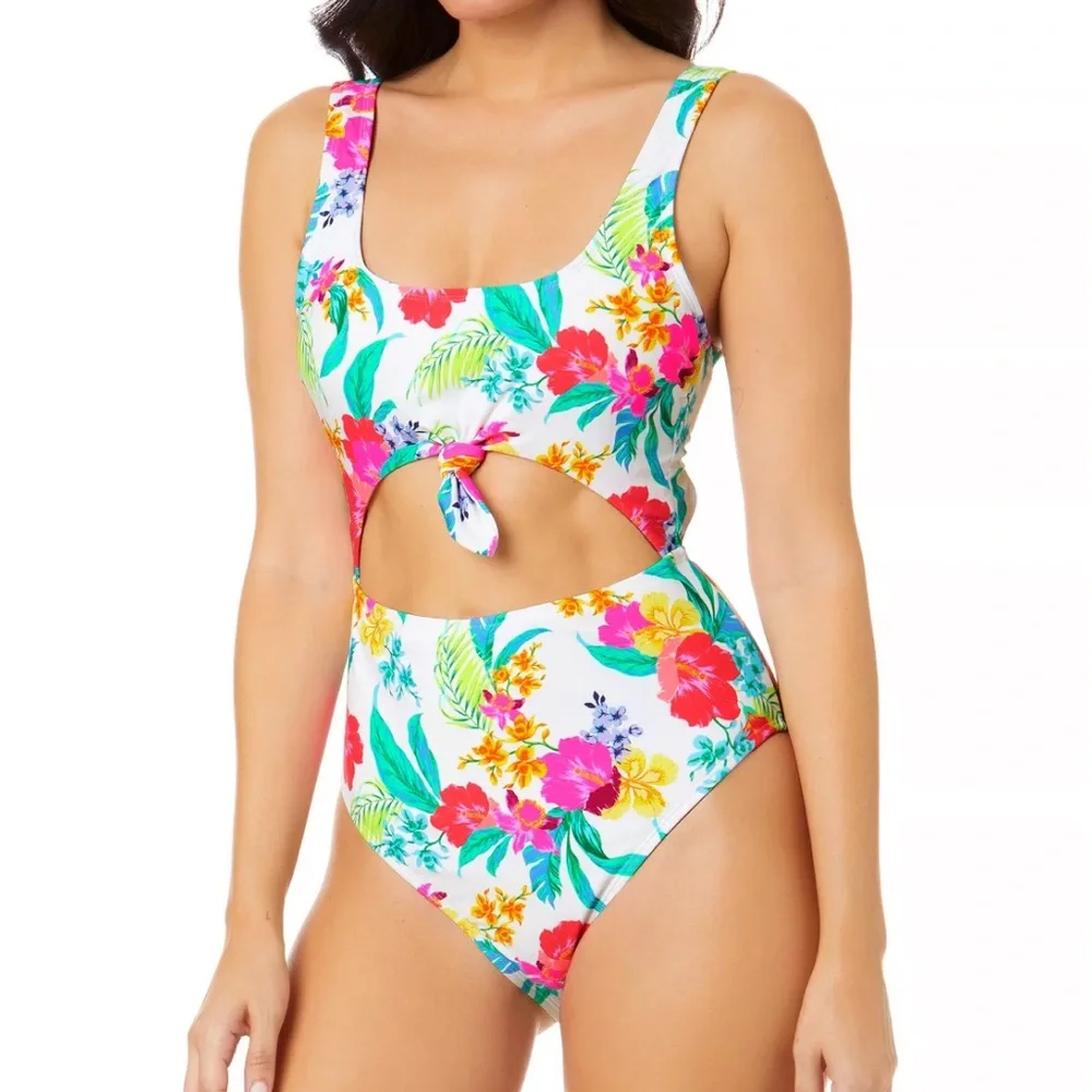 SALT + COVE Juniors' Retro Hibiscus Knot- Front One-Piece Swimsuit